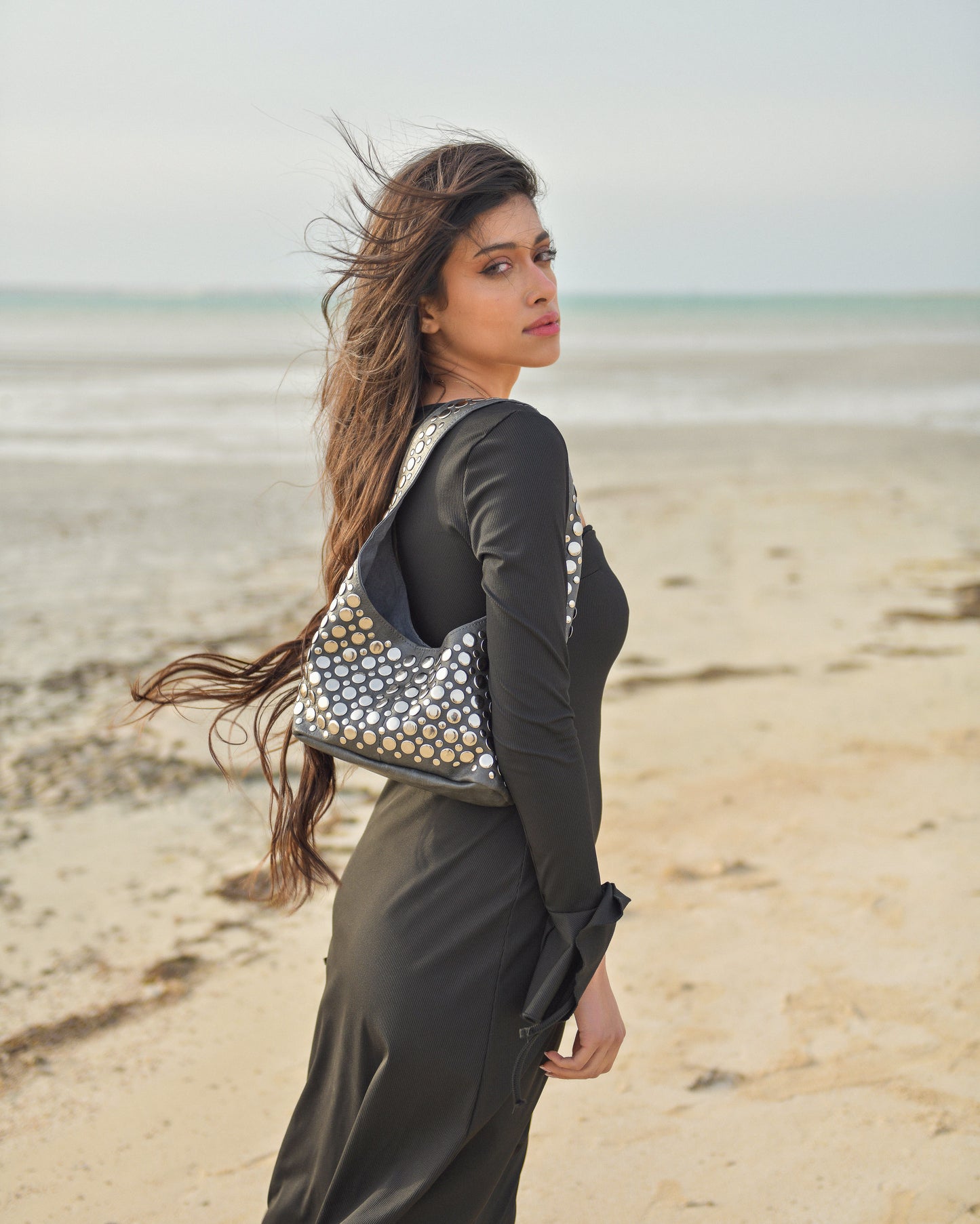 Britney Studded Shoulder Bag Grey