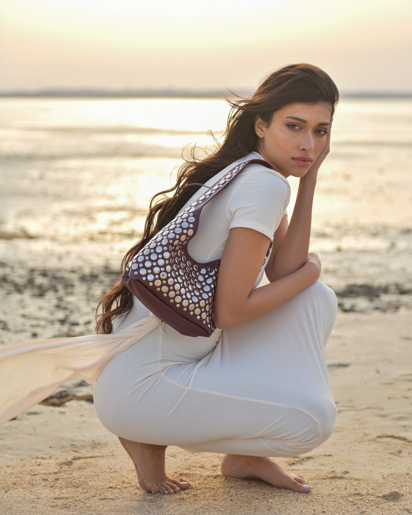 Britney Studded Shoulder Bag Maroon